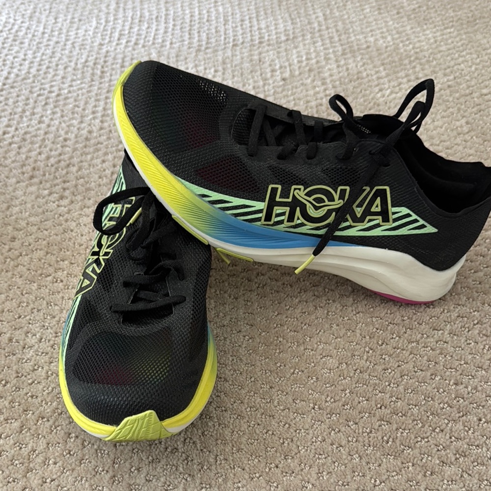 Hoka Black Sneakers with Neon Yellow and Blue Accents